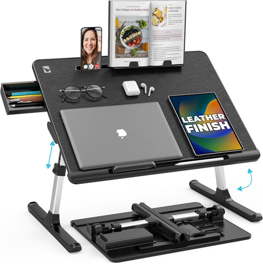 Deskpro XL 23.6" Ergonomic Adjustable Laptop Bed Desk, Laptop Bed Table | Tray for Eating, Computer, Writing, Floor, Couch | Large Lap Desk for Adults | Leather, Drawer, Book Stand (Black)